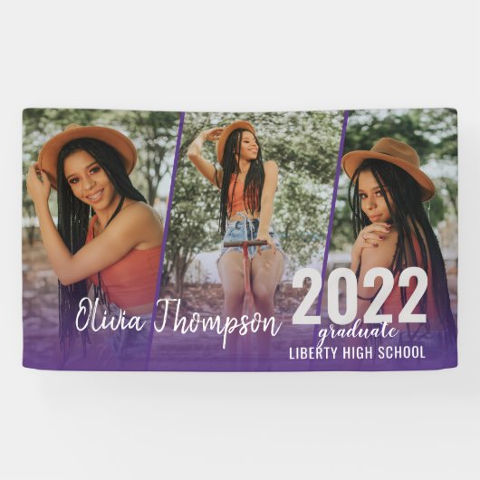 Modern Script Photo Collage Paars Afstuderen Spandoek (Horizontaal)