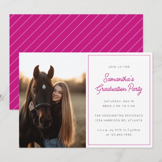 Modern Script Photo Hot Pink Graduation Party Kaart (Voorkant / Achterkant)