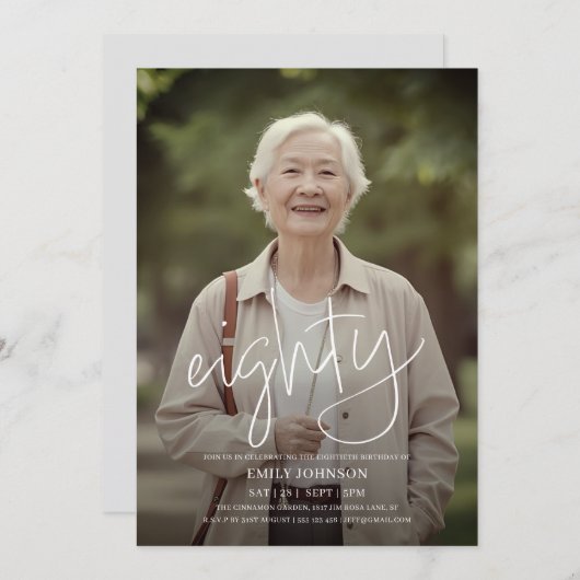 Modern Script Photo Minimal 80th Birthday Kaart (Voorkant / Achterkant)