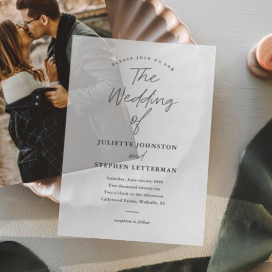 Modern Script Photo Overlay Wedding Vellum Uitnodigingen