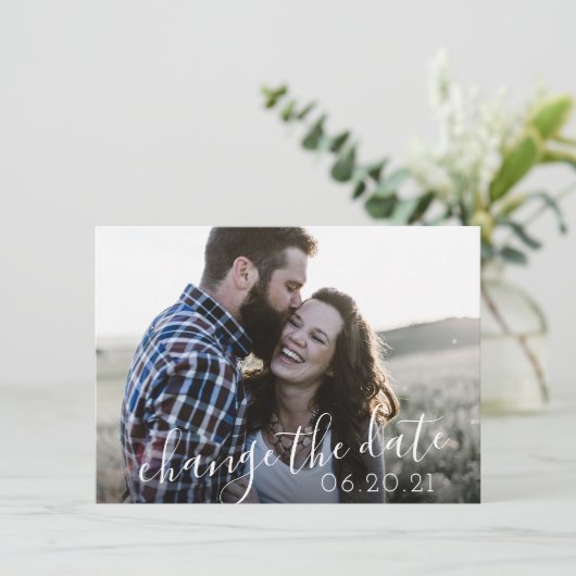 Modern Script Photo Postponement Wedding Save The Date (Staand voorkant)