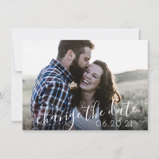 Modern Script Photo Postponement Wedding Save The Date (Voorkant)