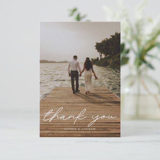 Modern Script Photo QR Code Wedding Bedankkaart (Staand voorkant)