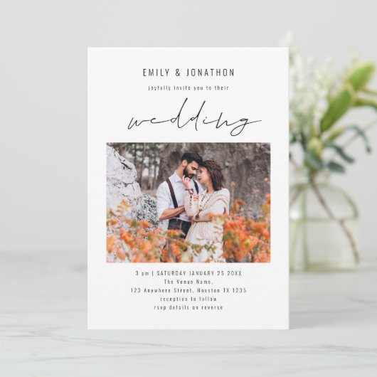 Modern Script Photo QR Code Wedding Kaart (Staand voorkant)