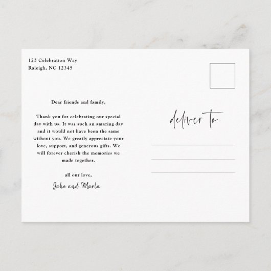 Modern Script Photo Weddenschap Bedankt Briefkaart (Achterkant)