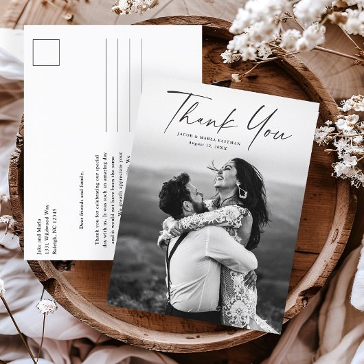 Modern Script Photo Weddenschap Bedankt Briefkaart