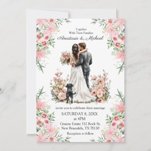  modern script pink floral wedding invitation   (Devant)