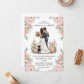 modern script pink floral wedding invitation notitiekaartje (Voorkant / Achterkant in situ)