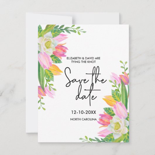 Modern Script Pink Floral Wedding Save the Date Kaart (Voorkant)