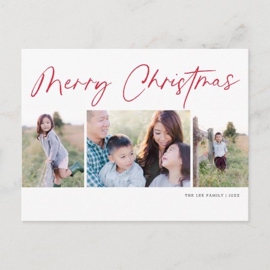 Modern Script Prettig Kerstfeest Drie Foto Feestdagenkaart (Voorkant)