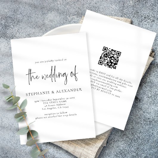 Modern script QR Code Black and White Wedding Kaart