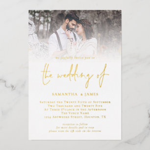 Modern Script QR Code Foto bruiloft Luxe Goud Folie Uitnodiging