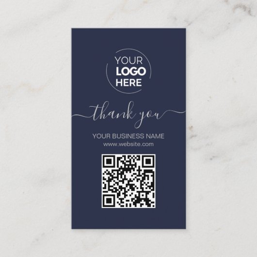 Modern Script QR Code Navy Bestelling Dank u Visitekaartje (Voorkant)