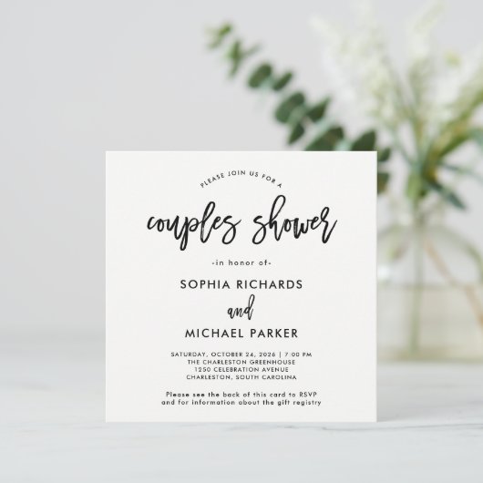 Modern Script QR-code RSVP Registry Couples Douche Kaart (Staand voorkant)