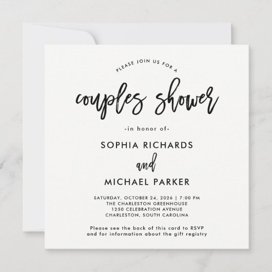 Modern Script QR-code RSVP Registry Couples Douche Kaart (Voorkant)
