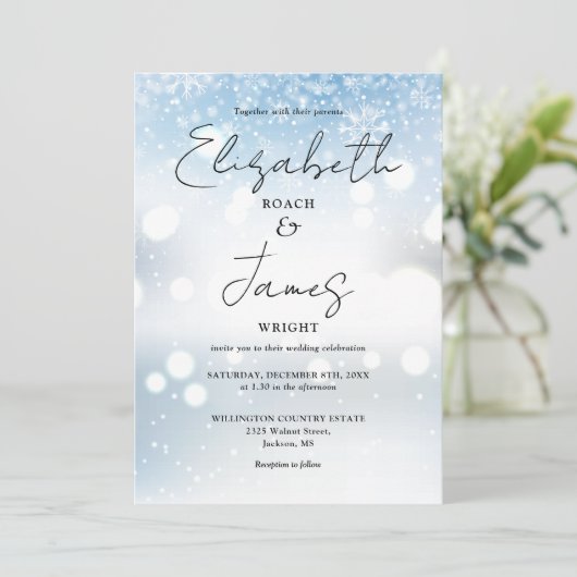 Modern Script QR Code Sneeuwvlokken Winter Bruilof Kaart (Staand voorkant)