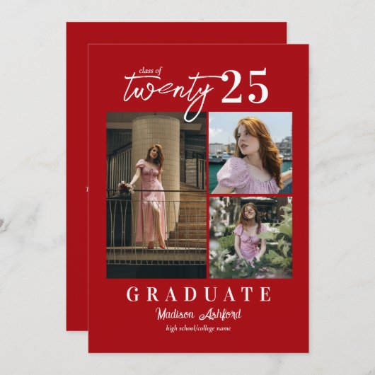 Modern Script Red 3 Photo Collage Afstuderen Aankondiging (Voorkant / Achterkant)