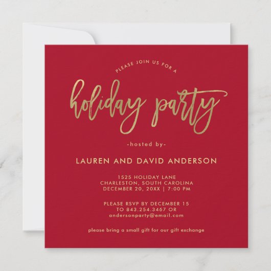Modern script | Red and Faux Gold Holiday Party Kaart (Voorkant)