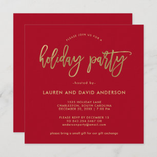 Modern script   Red and Faux Gold Holiday Party Kaart