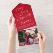 Modern Script Red Christmas Holiday fotokaart All In One Uitnodiging (Afscheurbaar)