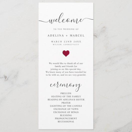 Modern Script Red Heart Welkom huwelijksprogramma Programma (Voorkant)