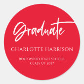 Modern Script Red White Afstuderen Ronde Sticker (Voorkant)