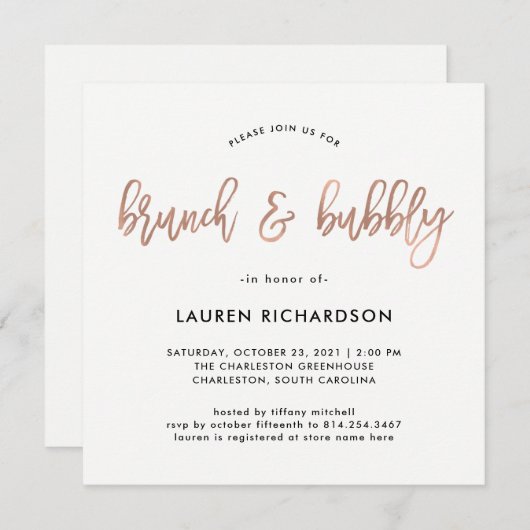 Modern script | Roos Gold Brunch en Bubble Kaart (Voorkant / Achterkant)