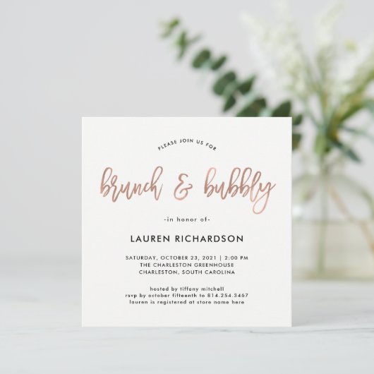 Modern script | Roos Gold Brunch en Bubble Kaart (Staand voorkant)