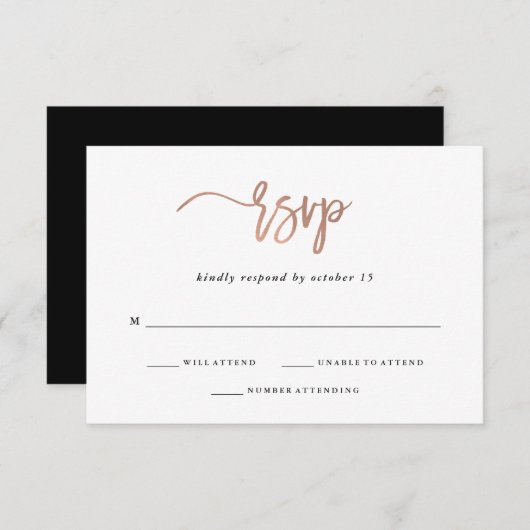 Modern script | Roos Gold Wedding Response RSVP Kaartje (Voorkant / Achterkant)