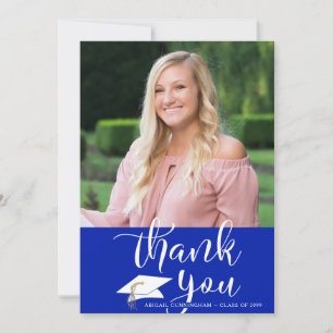 Modern Script Royal Blue Afstuderen Foto Bedankkaart