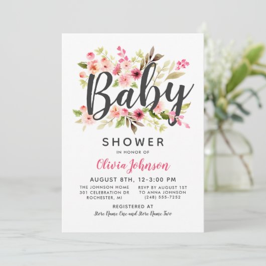 Modern Script Roze Bloemen Meisje Baby shower Kaart (Staand voorkant)