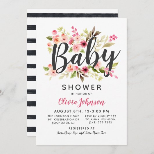 Modern Script Roze Bloemen Meisje Baby shower Kaart (Voorkant / Achterkant)