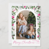 Modern Script Roze groen boog 1 foto kerst Feestdagenkaart (Voorkant)