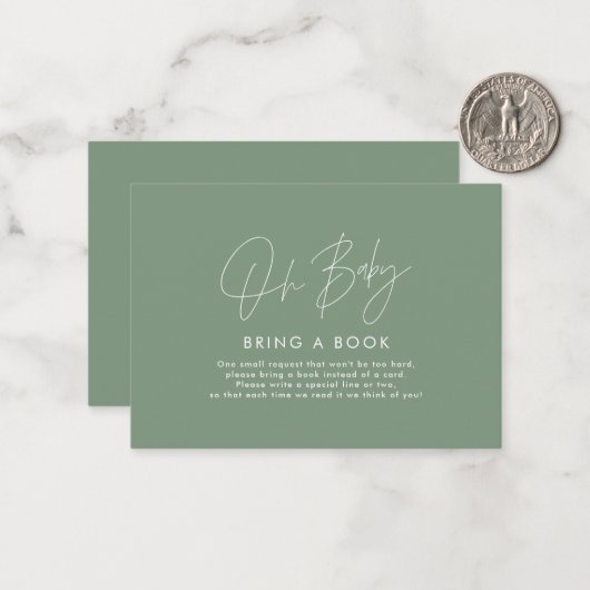 modern script sage green baby shower brengt boek m notitiekaartje (Voorkant / Achterkant in situ)