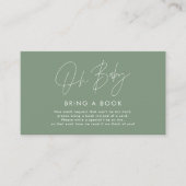 modern script sage green baby shower brengt boek m visitekaartje (Voorkant)
