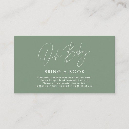 modern script sage green baby shower brengt boek m visitekaartje (Voorkant)