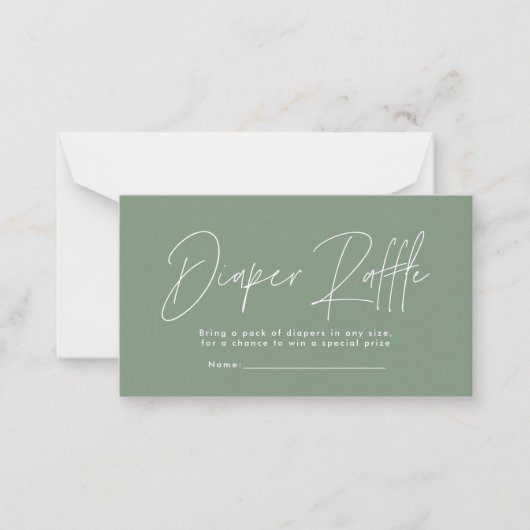 modern script sage green baby shower diaper raffin notitiekaartje (Voorkant)