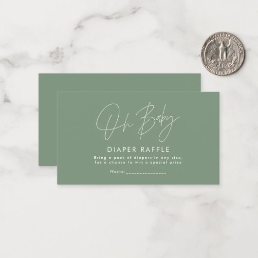 modern script sage green baby shower diaper raffin notitiekaartje (Voorkant / Achterkant in situ)