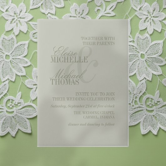 Modern Script Sage Green Formal Wedding Vellum Uitnodigingen