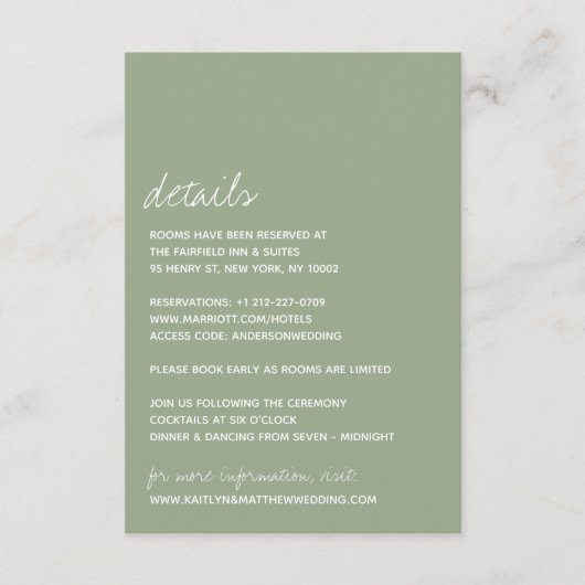 Modern Script Sage Green Minimalistic Wedding Informatiekaartje (Voorkant)