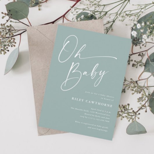 Modern Script Sage Green OH Baby shower Kaart
