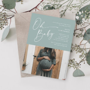 Modern Script Sage Green Photo Baby shower Kaart
