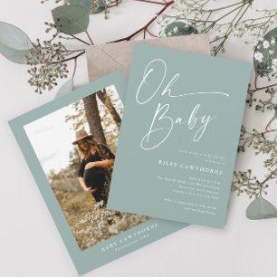 Modern Script Sage Green Photo Baby shower Kaart