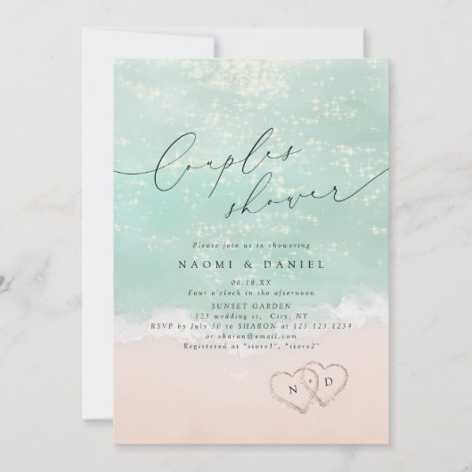 Modern Script Sand Hearts Beach Couples Douche Kaart (Voorkant)
