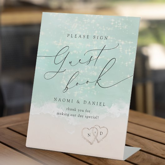 Modern Script Sand Hearts Beach Guest Book Sign Reclamebord Met Voetstuk
