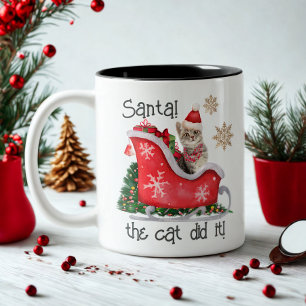 Modern Script Santa Cat Waterverf Funny Christmas Tweekleurige Koffiemok