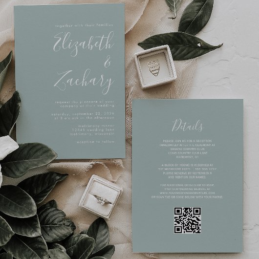 Modern Script Sea Glass Green QR Code Wedding Kaart