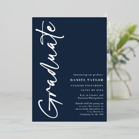 Modern Script Silver Foil Afstuderen Aankondiging (Staand Voorkant)