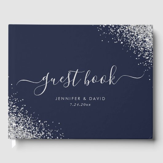 Modern Script Silver Glitter Navy Blue Wedding Gastenboek (Voorkant)