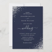Modern Script Silver Glitter Navy Blue Wedding Kaart (Voorkant)